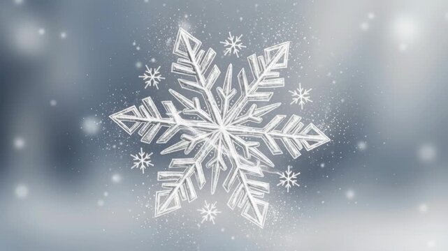 Intricate Snowflake in Winter's Embrace: A beautifully detailed snowflake, delicate and crystalline, drifts gently against a soft, blurred background of winter blues and greys.