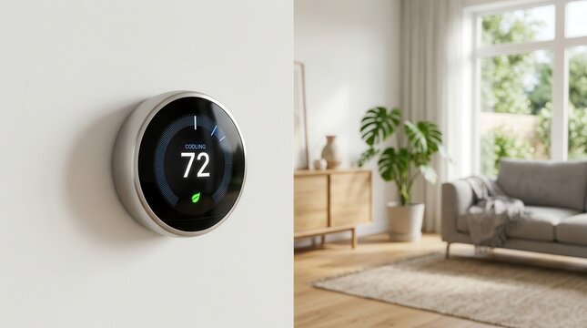 A smart thermostat set to 72 degrees in a modern living room for energy efficiency.