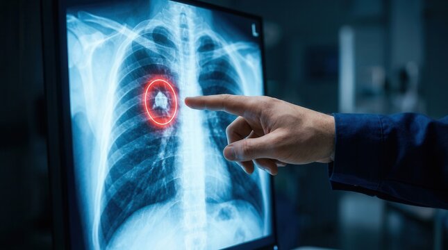 Doctor pointing at a lung nodule on a chest x-ray for cancer screening.