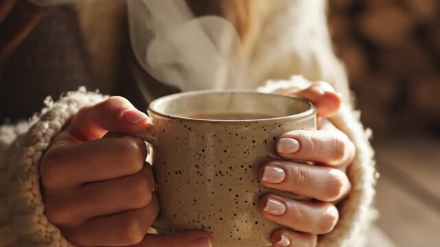 Close up of hands holding warm steaming ceramic mug.