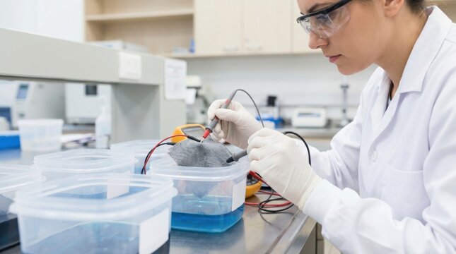 Female scientist in protective gear testing conductive smart fabric with an electrical multimeter in a laboratory