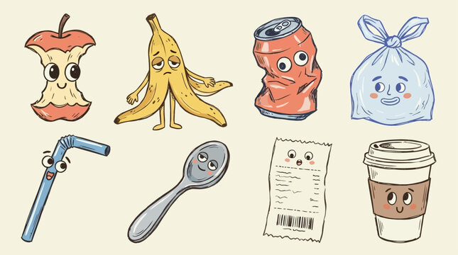 Diverse Assortment of Twenty Adorable Anthropomorphic Garbage Icons with Expressive Eyes Featuring Apple Core Banana Peel Smashed Can and Recyclable Waste Elements for Environmental Education