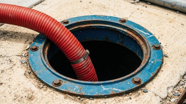 Vibrant red flexible hose pipe extending into a dark underground access point for industrial maintenance.