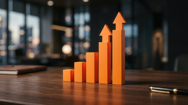 Orange bar graph with upward arrows showing positive growth and success on a wooden desk.