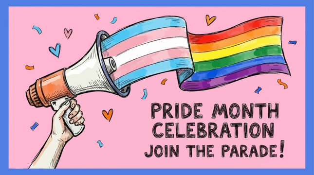 Human hands holding a megaphone alongside transgender and rainbow flags during a vibrant pride parade or demonstration for equality and human rights in support of the LGBTQ+ community.
