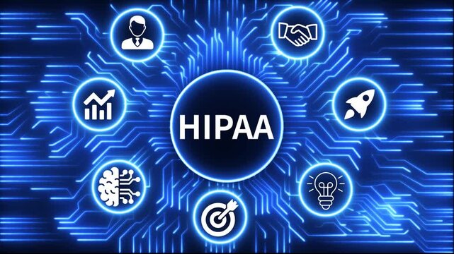 HIPPA icon surrounded by smaller icons for ai manufacturing strategy. A glowing neon, and manufacturing process management all connected in a digital circuit like pattern, 4k video 