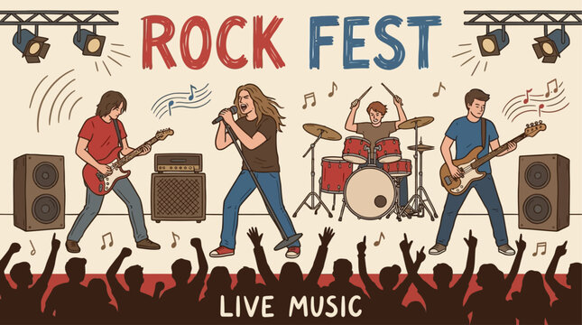 Dynamic Grunge Poster Illustrating Professional Rock Band Musician Playing Electric Guitar and Drum while Male Vocalist Singer Performs Song on Dimly Lit Stage with Artistic Spotlight Effects.
