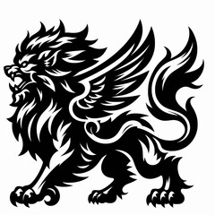Fototapeta premium A stylized black and white illustration of a mythical winged lion with a fierce expression and flowing mane.