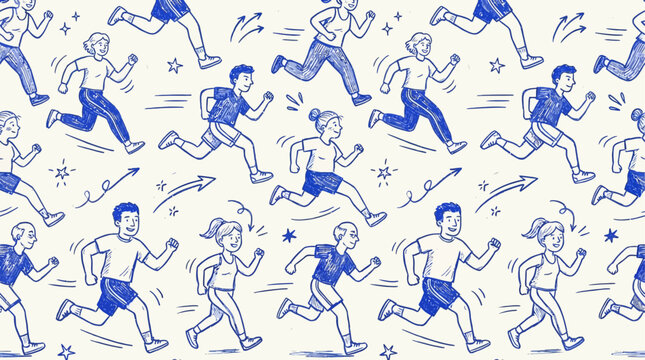 Group of diverse energetic cartoon characters running fast in a flat vector style representing healthy lifestyle sport jogging rush race and ambitious competition marathon athletic achievement.
