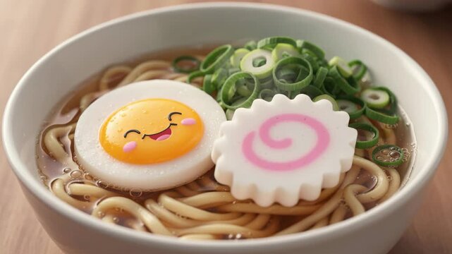 Noodle Soup with Cute Egg and Fish Cake: A delicious bowl of ramen noodle soup featuring a hard-boiled egg with a kawaii smiling face and a slice of pink-swirled fish cake.