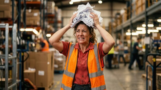 Stressed woman in a high-visibility vest holding crumpled papers on her head in a warehouse.