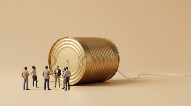 Miniature people gather around a tin can telephone on a solid beige background to symbolize communication challenges.