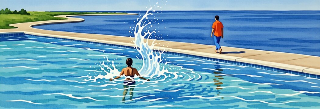 Woman splashes water in pool. Man walks on poolside near blue sea. People enjoy summer vacation activities. Refreshing blue water contrasts with green landscape.