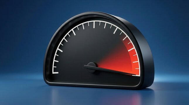 Abstract speedometer gauge display reaching maximum performance level with a red zone.