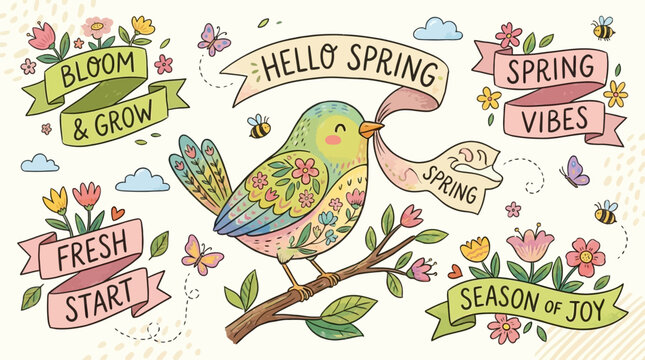 Adorable spring bird illustration featuring decorative ribbon label with seasonal quotes, charming handdrawn wildlife art element for cards and crafts