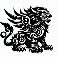 Naklejka premium A detailed black and white illustration of a mythical winged lion with ornate tribal patterns.