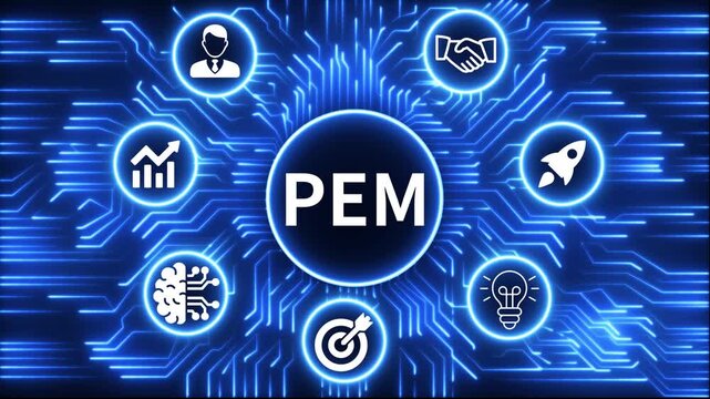 PEM icon surrounded by smaller icons for ai manufacturing strategy. A glowing neon, and manufacturing process management all connected in a digital circuit like pattern, 4k video 