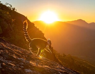 Fototapeta premium A lemur standing on a rocky slope at sunset