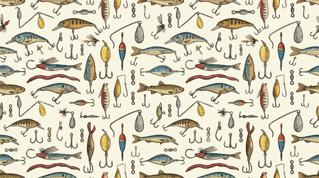 Seamless repeatable pattern of professional fishing tackle featuring lures, hooks, and sinkers for catching fish on an endless graphic background, ideal for textile and wallpaper design.