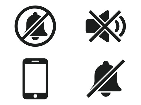 Set of four black and white icons representing silent mode and muted notifications for smartphones and devices