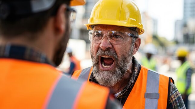 An angry construction worker in a yellow hard hat and safety glasses yells during a worksite dispute.