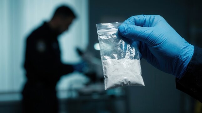 Gloved hand holding a plastic bag with white powder substance as evidence.