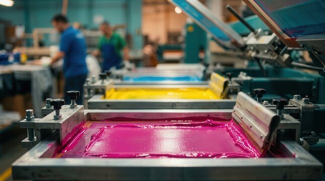 Industrial screen print process on a textile machine with vibrant inks for custom apparel.