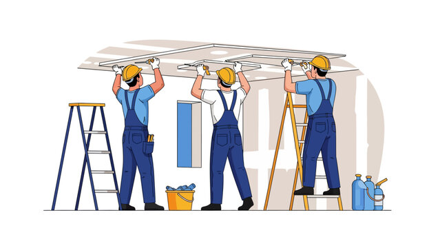 Professional construction workers installing drywall ceiling panels.