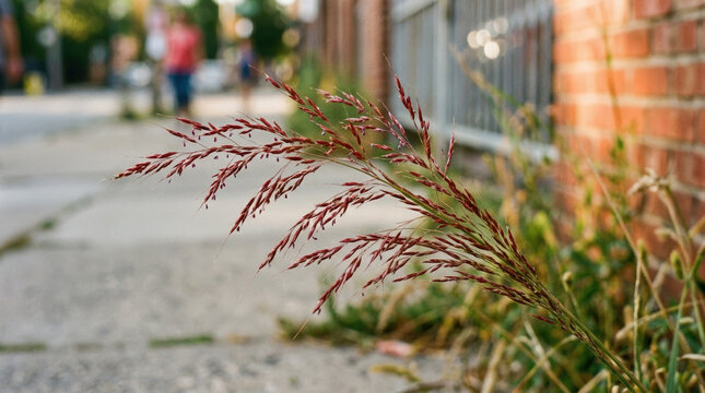 Macro shot of a red switchgrass panicle over a concrete sidewalk. Urban nature concept with blurred street and brick building background
