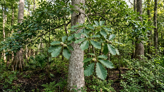 Swamp chestnut oak tree with green leaves and acorns in a forest. Woodland landscape with scaly tree trunk and lush vegetation