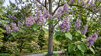 Blooming Paulownia fortunei tree in a botanical garden. Large clusters of purple flowers and green leaves in a spring park landscape