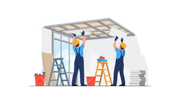 Construction Workers Installing Suspended Ceiling Panels in Modern Interior Renovation
