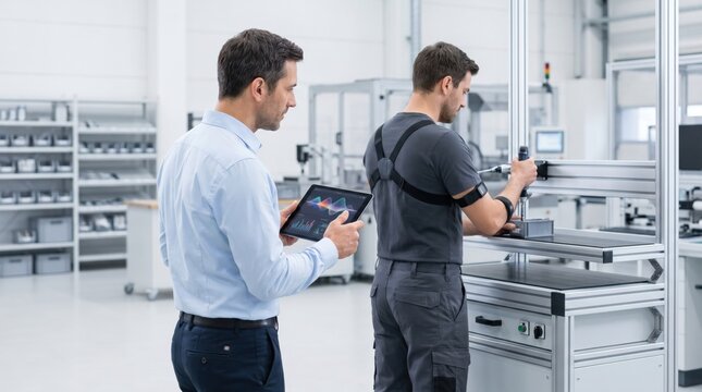 Manufacturing worker wearing an ergonomic exoskeleton suit assembling parts while a manager monitors data on a tablet