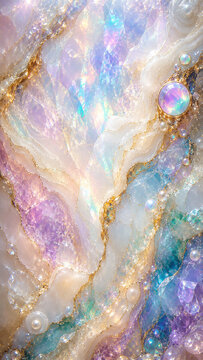Opalescent aurora gemstone vertical wallpaper with pastel crystal layers, iridescent cabochons, pearls, gold veins and luminous luxury abstract sparkle.