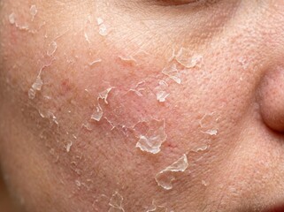 Fototapeta premium A close-up view showing dry, flaky, peeling skin on a person's cheek with visible skin texture.