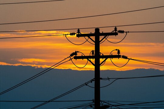 Electrical pole and wires stand in silhouette against a dramatic orange and blue sunset sky. Power lines crisscross the frame, defining the industrial landscape during twilight hours.