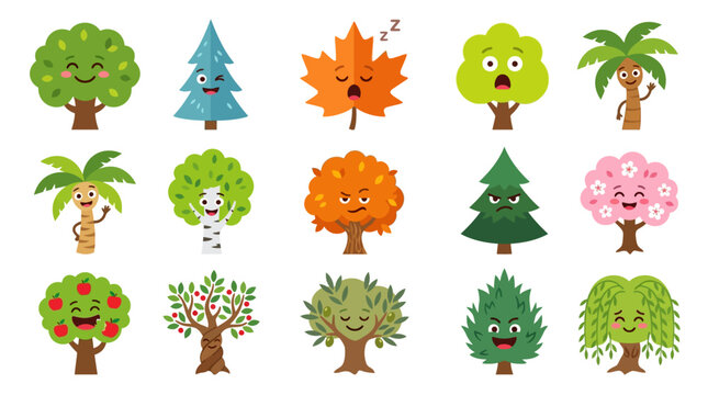 A flat lay of various cartoon trees with facial expressions arranged on a white background in a playful and colorful composition.