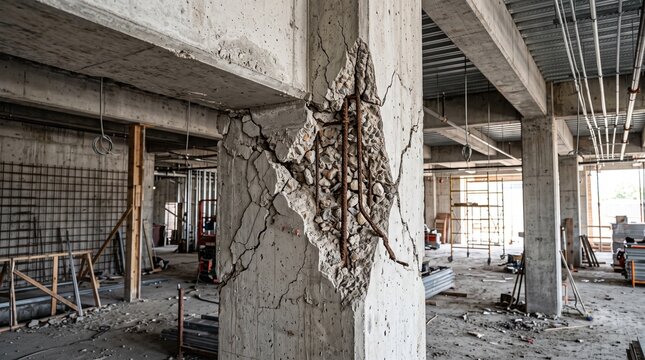 Cracked concrete pillar stands amidst construction debris in a dimly lit abandoned building interior with exposed beams and scattered rubble everywhere slowly.