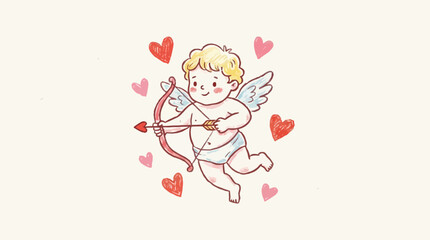 Obraz premium Adorable Hand Drawn Cupid Character with Wing Holding a Bow and Heart Arrow, Cute Love Illustration for Valentine Celebration, Charming Little Angel Mascot, Romantic Graphic Design Element