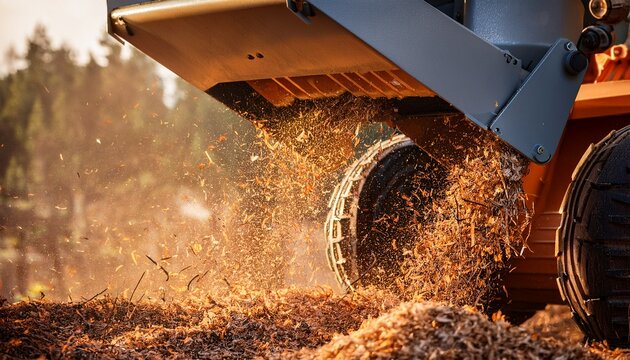macro shot of wood chipper in action revealing detailed shredding process with flying wood particles and textures from processed branches