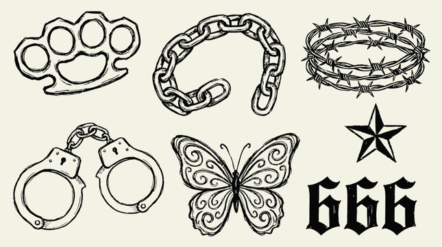 Gritty Urban Street Art Collage with Brass Knuckles Heavy Metallic Chain Barbed Wire Steel Handcuffs Swirled Butterfly and Star Symbol in Detailed Graphic Illustration Aesthetic