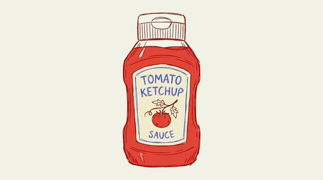 Human hand holding a red plastic squeeze bottle filled with organic tomato ketchup and savory sauce featuring a blank white label for branding mockup against a plain studio background.