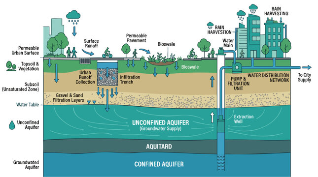 Sustainable Urban Water Management and Rainwater Harvesting Diagram