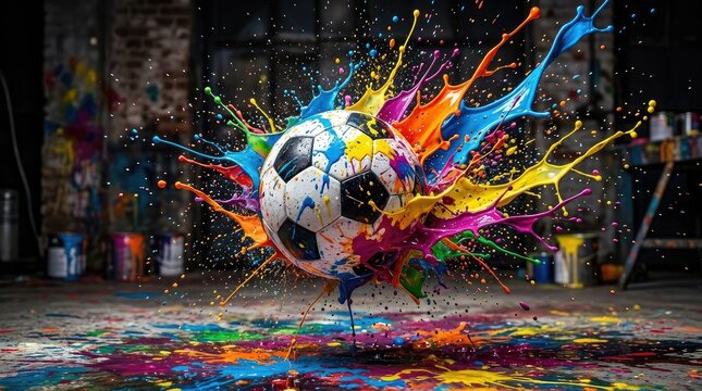 Soccer ball exploding with vibrant multicolored paint splashes.