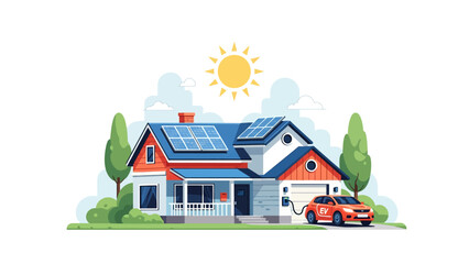 Naklejka premium Modern Sustainable Home with Solar Panels and Electric Vehicle Charging Flat Illustration