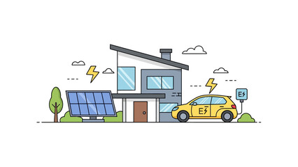 Naklejka premium Sustainable Modern House with Solar Panels and Electric Vehicle Illustration