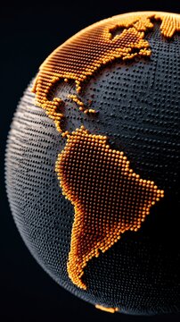 Golden dotted globe depicting north and south america on a black background in a sharp macro shot for international business marketing