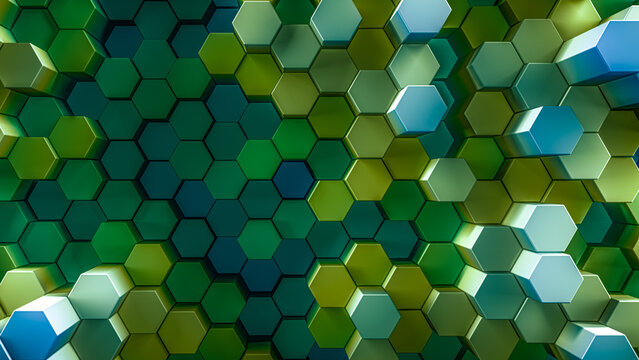 3d rendered background of patterned hexagons in vivid saturated blue and green colors. Three dimensional hex shapes in geometrical patterns for vibrant colorful scientific or technical 3d backgrounds