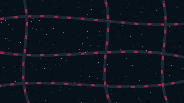 Abstract digital grid animation 4k background, with moving red, dashed lines and, glowing particles for, technology and data, visualization projects