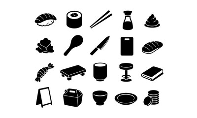 Japanese sushi bar tools black silhouette icon set © 若井 紗希